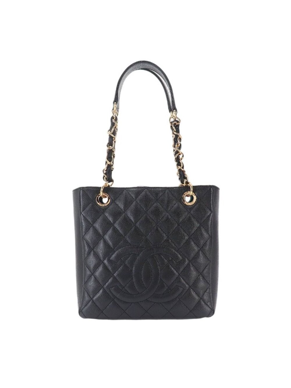 Chanel Quilted Petite Shopping Tote PST Chain Caviar Leather Black Gold